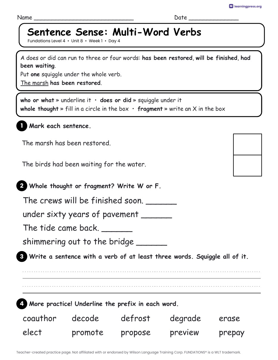 Preview page 2 of Fundations Level 4 Unit 8 Daily Lesson Work Pages