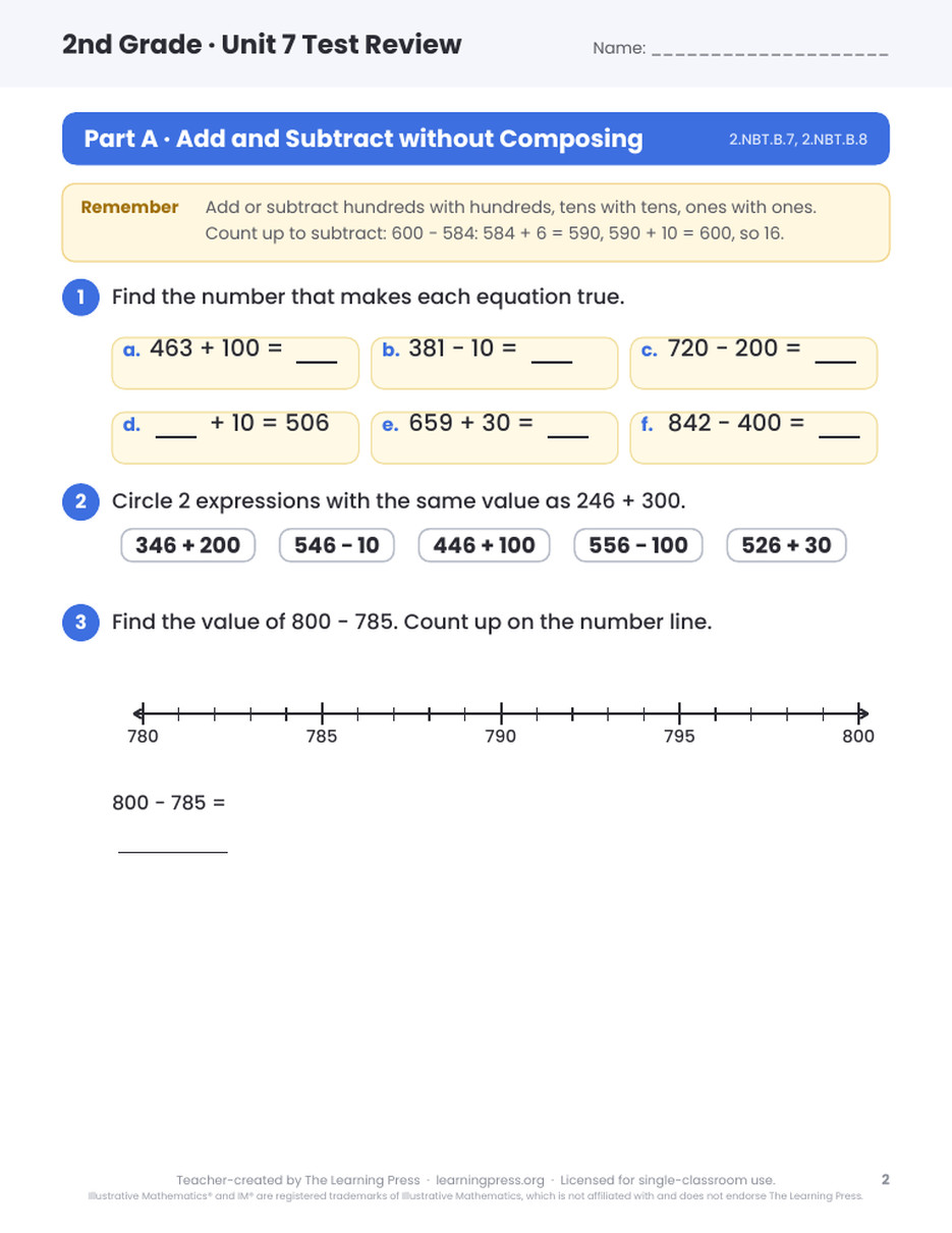 Preview page 1 of Illustrative Math (IM®) Aligned 2nd Grade Unit 7 Test Review