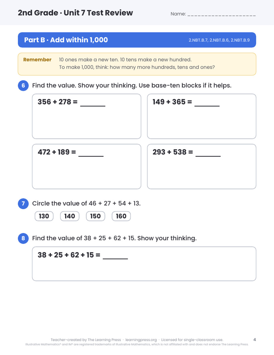 Preview page 2 of Illustrative Math (IM®) Aligned 2nd Grade Unit 7 Test Review