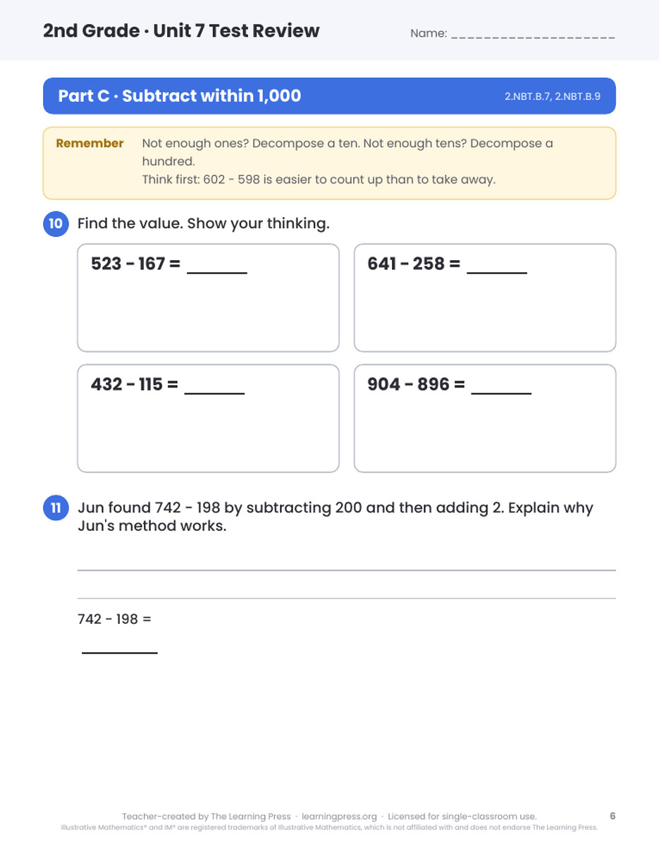 Preview page 3 of Illustrative Math (IM®) Aligned 2nd Grade Unit 7 Test Review