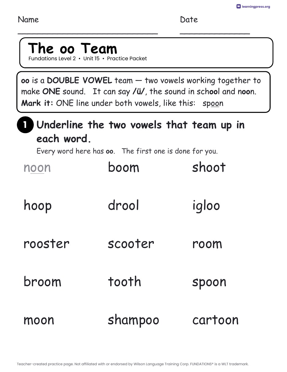 Preview page 1 of Fundations Level 2 Unit 15 Practice Packet