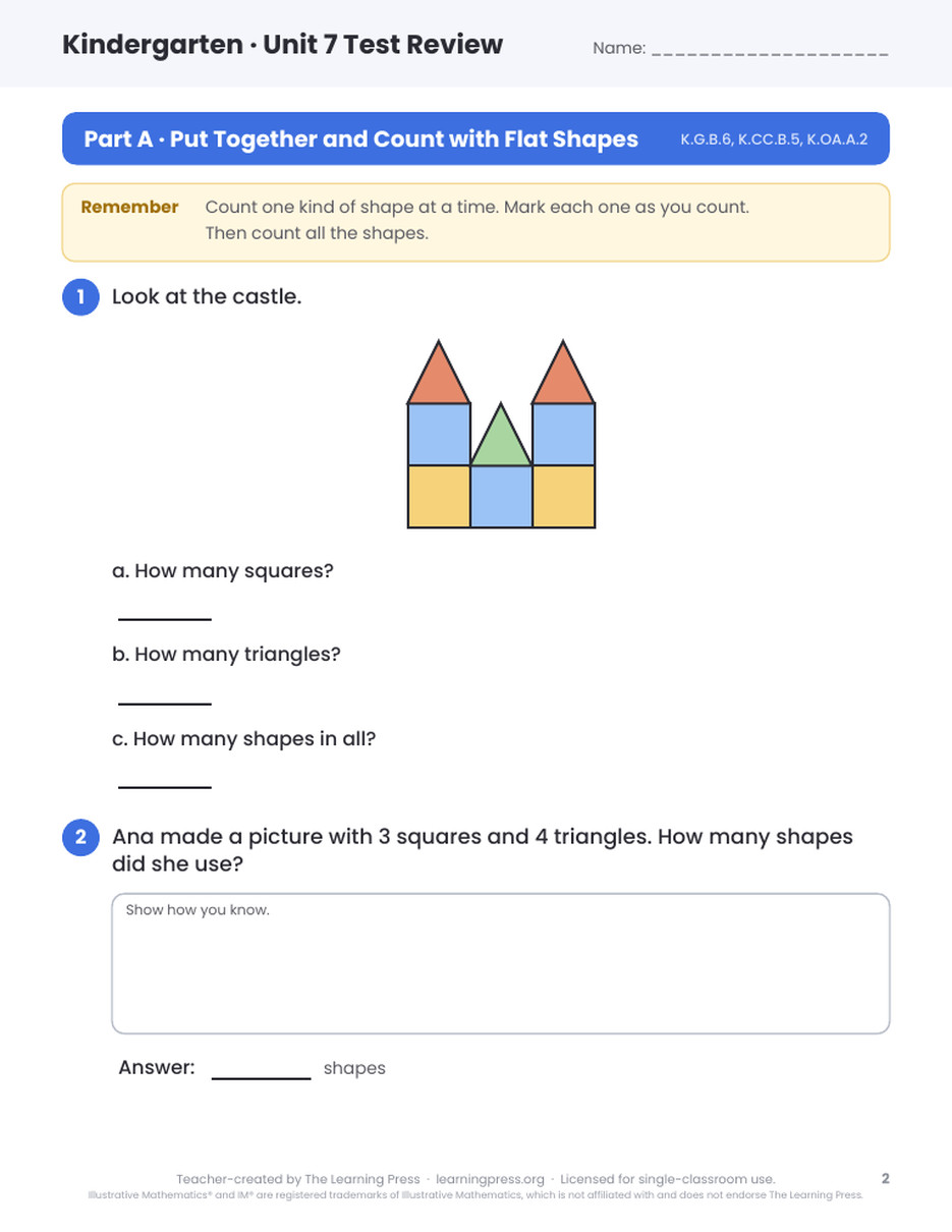 Preview page 1 of Illustrative Math (IM®) Aligned Kindergarten Unit 7 Test Review