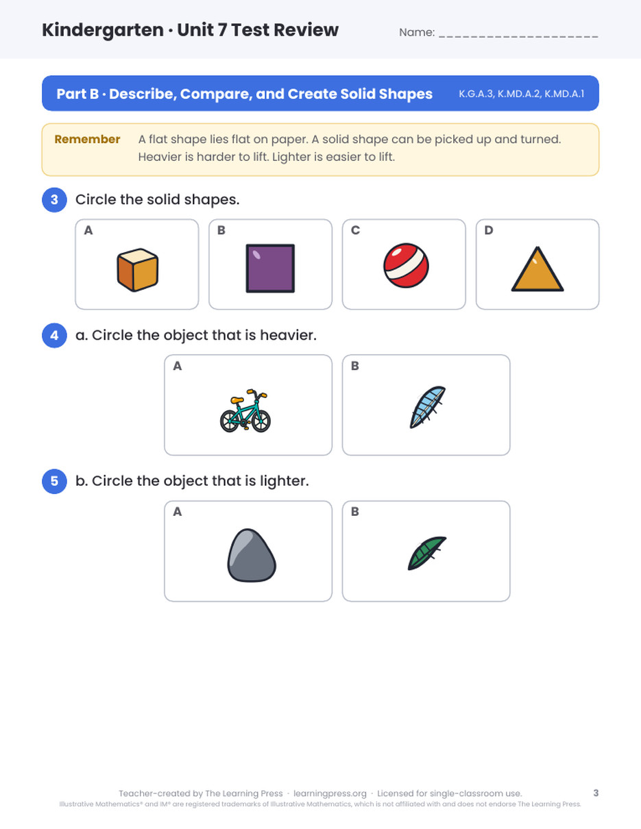 Preview page 2 of Illustrative Math (IM®) Aligned Kindergarten Unit 7 Test Review