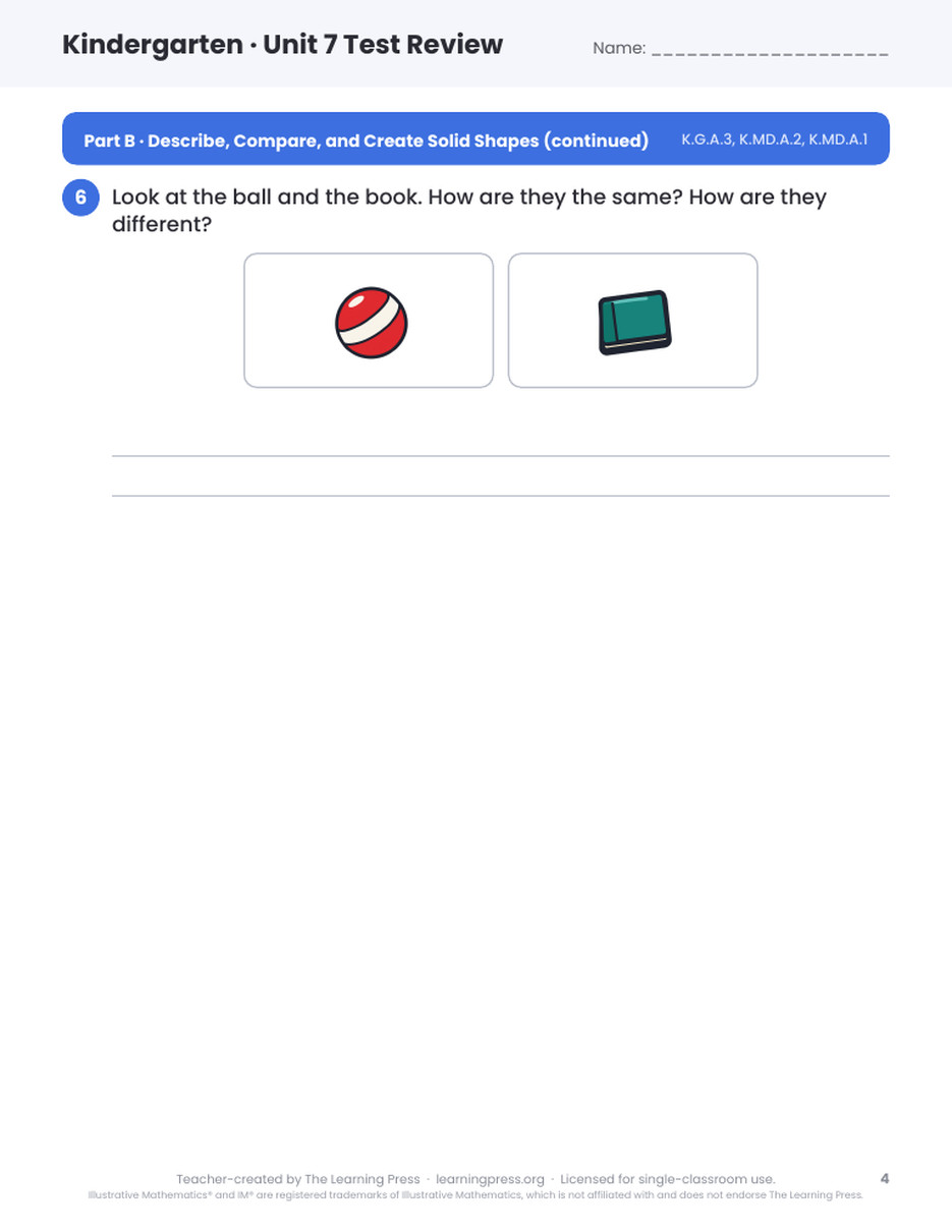 Preview page 3 of Illustrative Math (IM®) Aligned Kindergarten Unit 7 Test Review