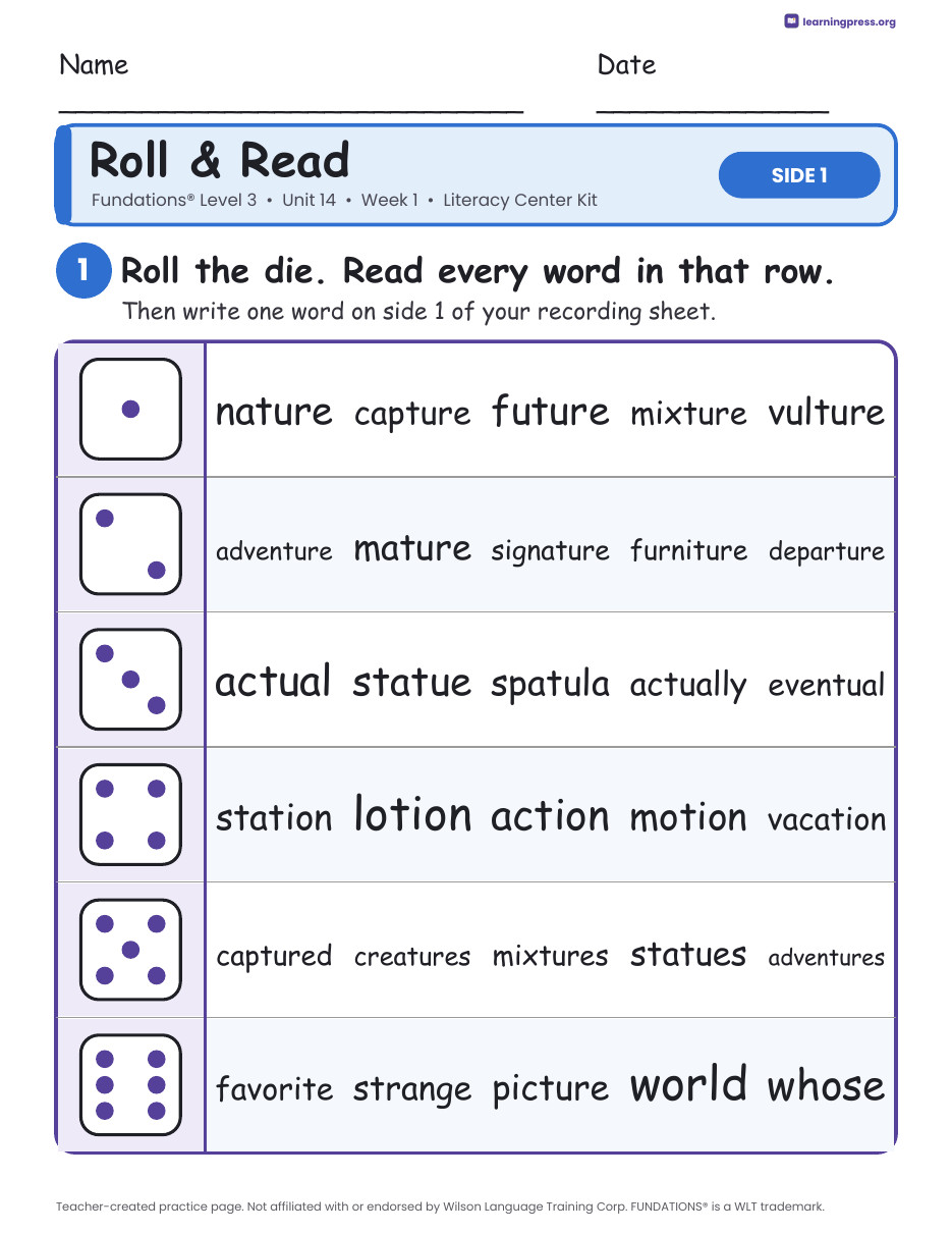 Preview page 1 of Fundations Level 3 Unit 14 Week 1 Literacy Center Kit