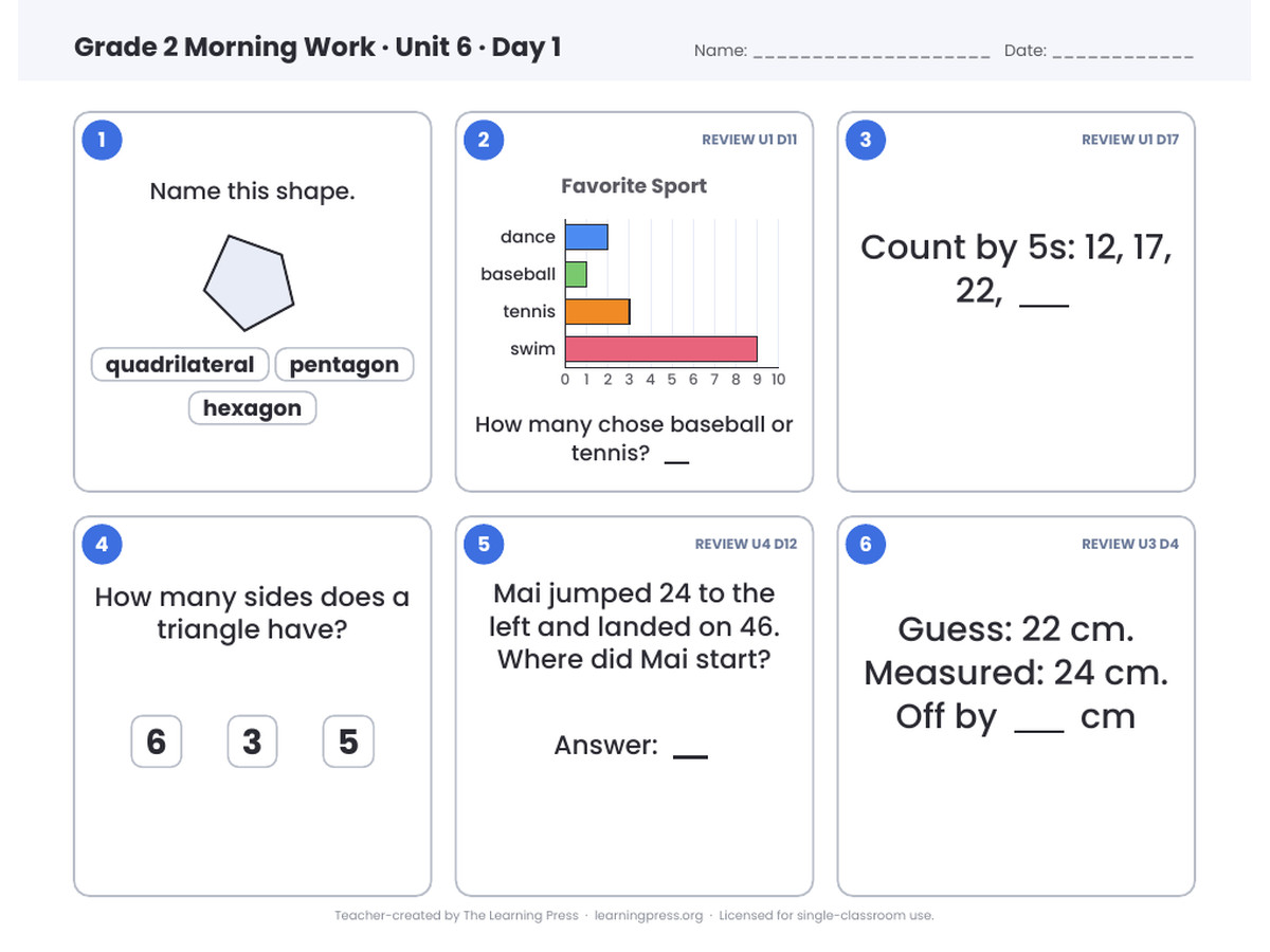 Preview page 1 of Illustrative Math (IM®) Aligned 2nd Grade Unit 6 Morning Work