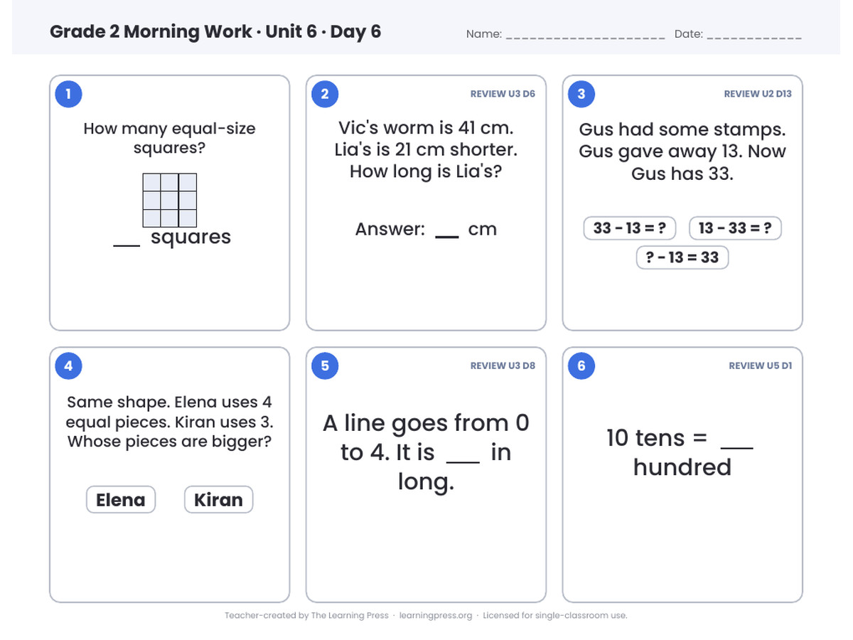 Preview page 2 of Illustrative Math (IM®) Aligned 2nd Grade Unit 6 Morning Work