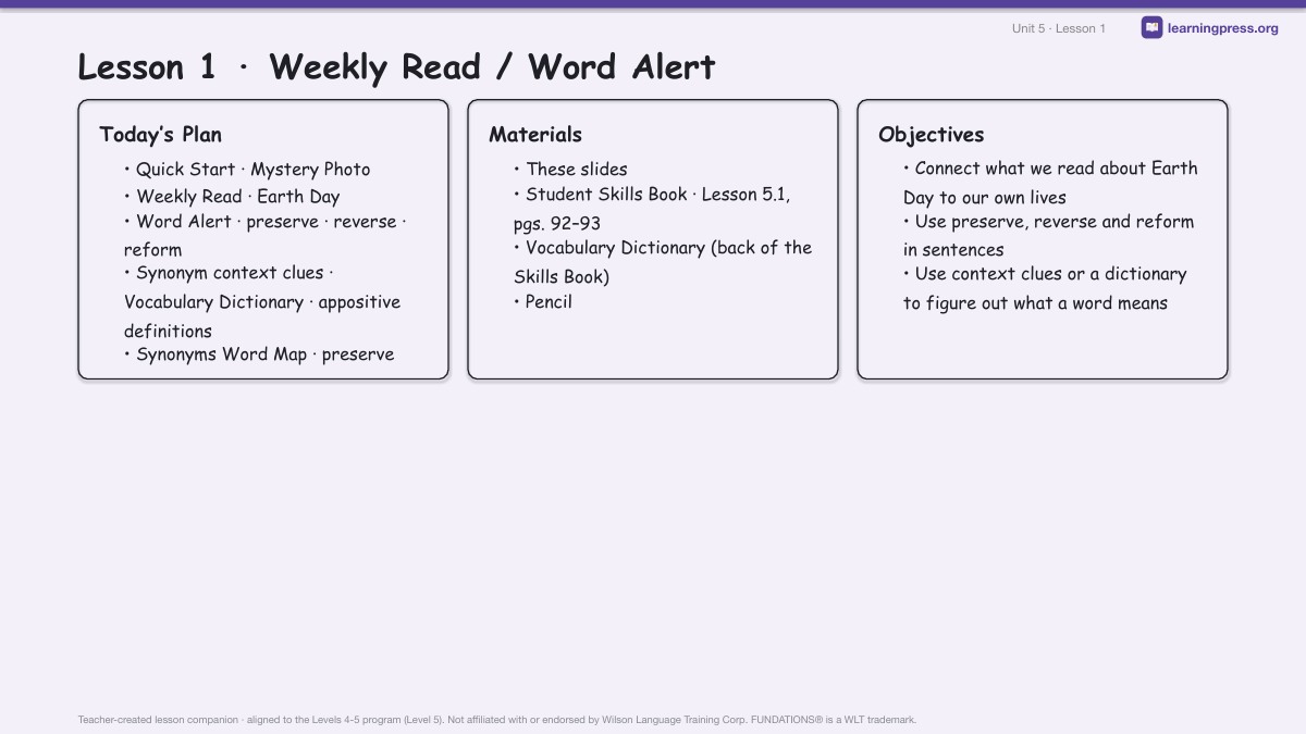 Preview page 1 of Fundations Level 5 Unit 5 Lesson Slides
