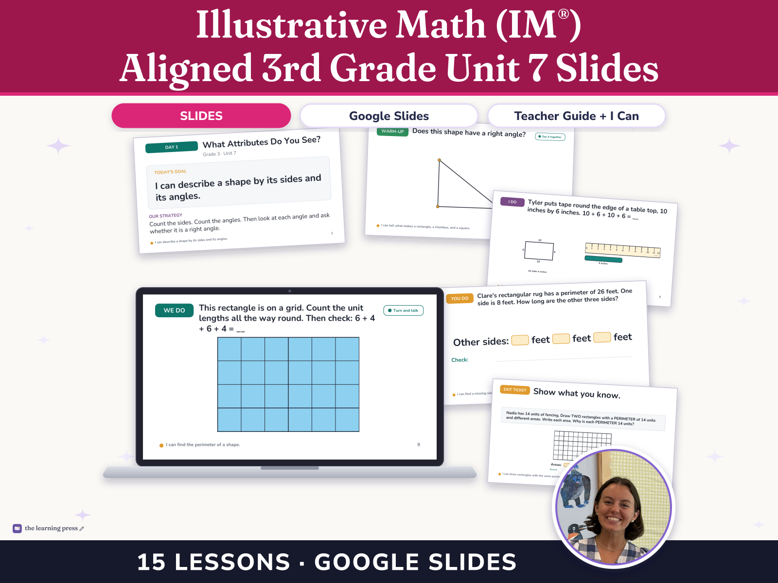 Preview page 1 of Illustrative Math (IM®) Aligned 3rd Grade Unit 7 Slides: Two-dimensional Shapes and Perimeter