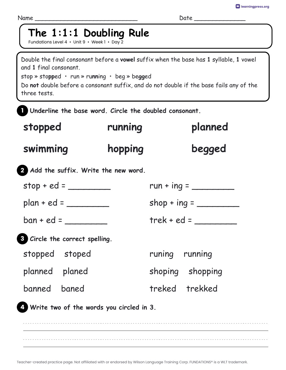 Preview page 1 of Fundations Level 4 Unit 9 Daily Lesson Work Pages