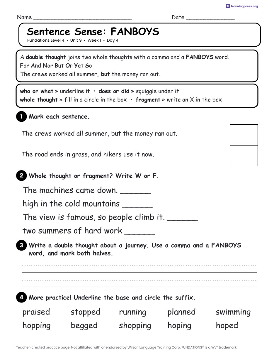 Preview page 2 of Fundations Level 4 Unit 9 Daily Lesson Work Pages