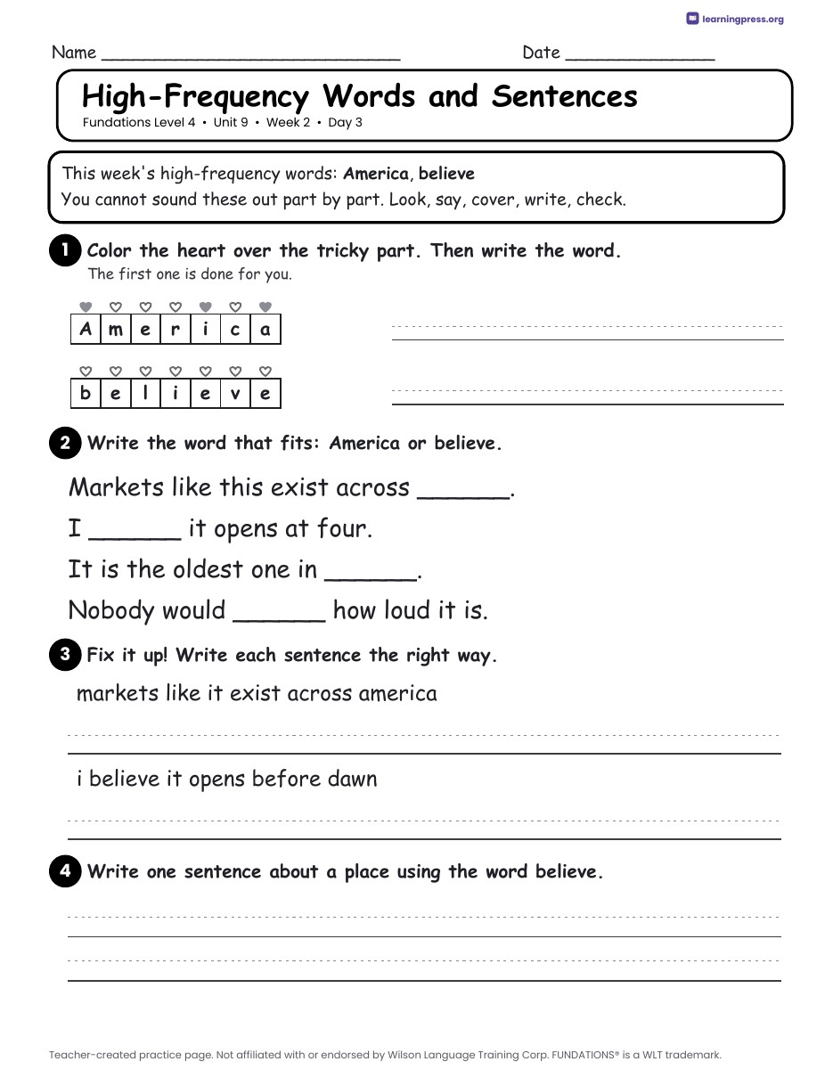 Preview page 4 of Fundations Level 4 Unit 9 Daily Lesson Work Pages