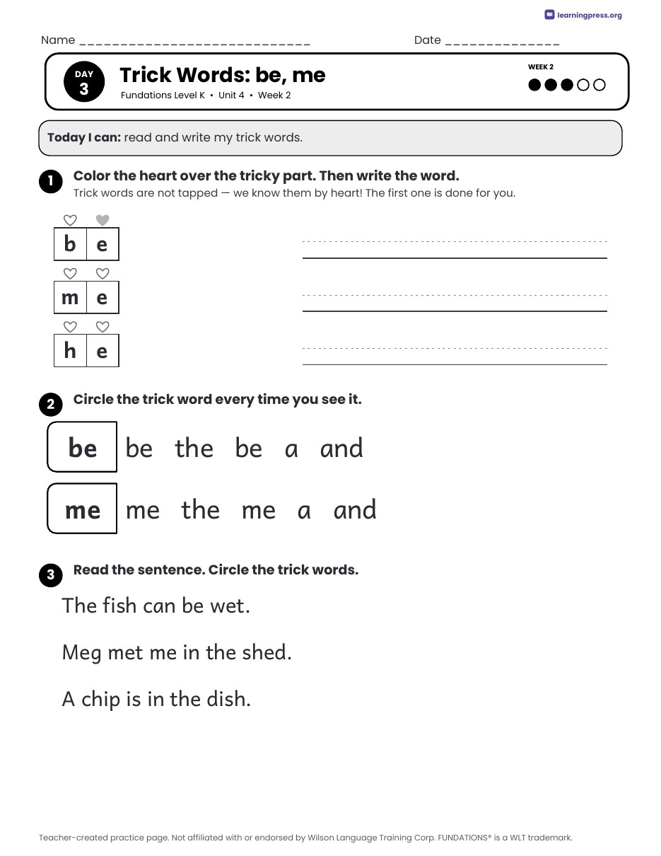 Preview page 2 of Fundations Level K Unit 4 Daily Lesson Work Pages