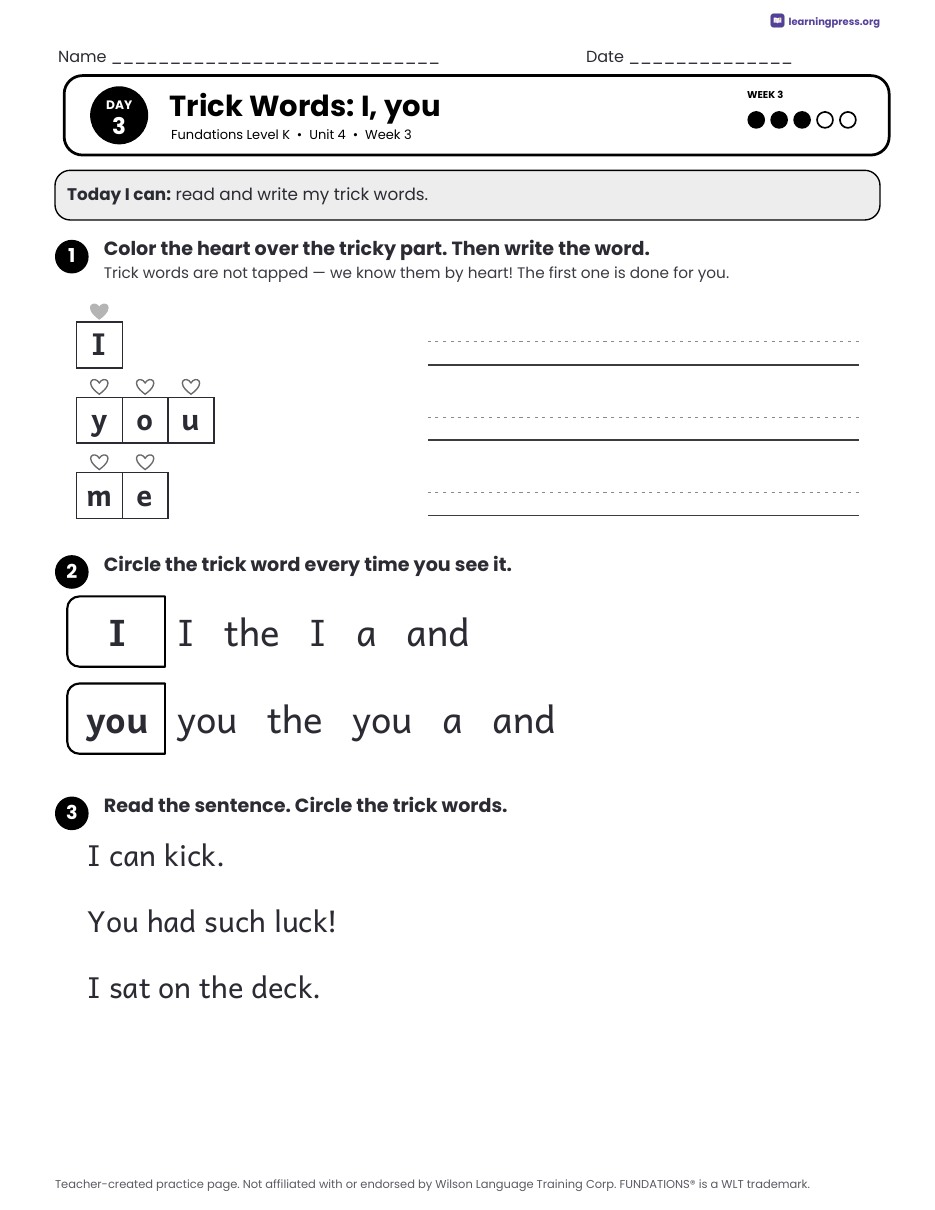 Preview page 3 of Fundations Level K Unit 4 Daily Lesson Work Pages