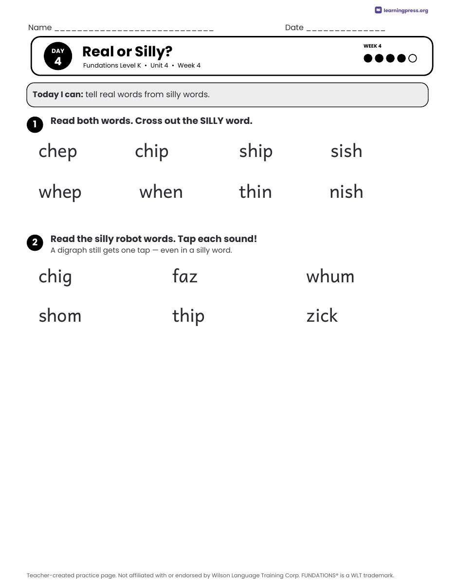 Preview page 4 of Fundations Level K Unit 4 Daily Lesson Work Pages