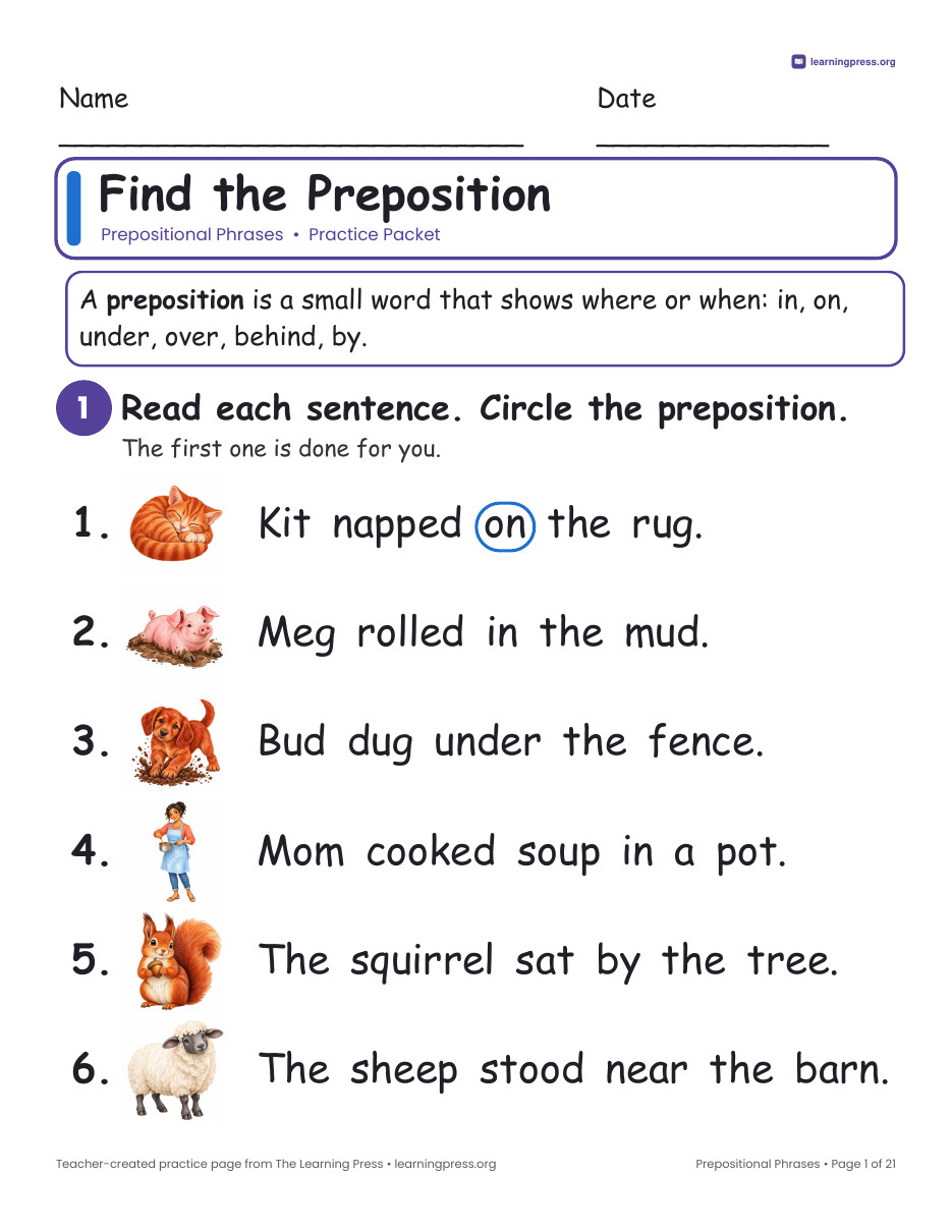 Preview page 1 of Prepositional Phrases Worksheets, Posters & Slides