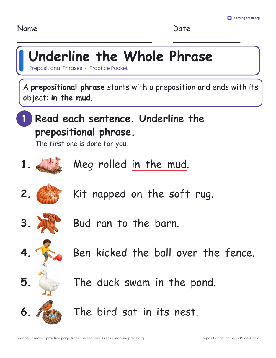 Preview page 2 of Prepositional Phrases Worksheets, Posters & Slides