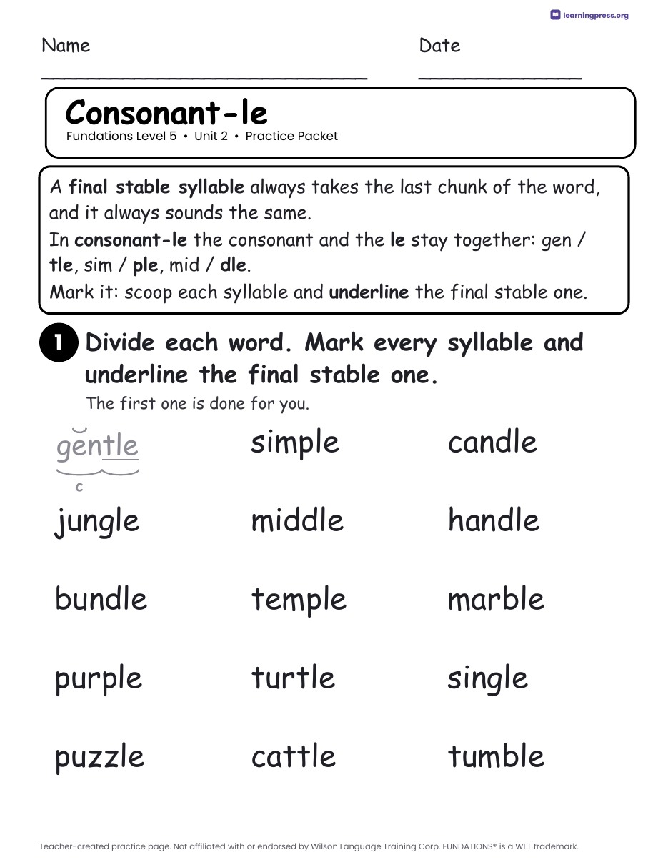 Preview page 1 of Fundations Level 5 Unit 2 Practice Packet