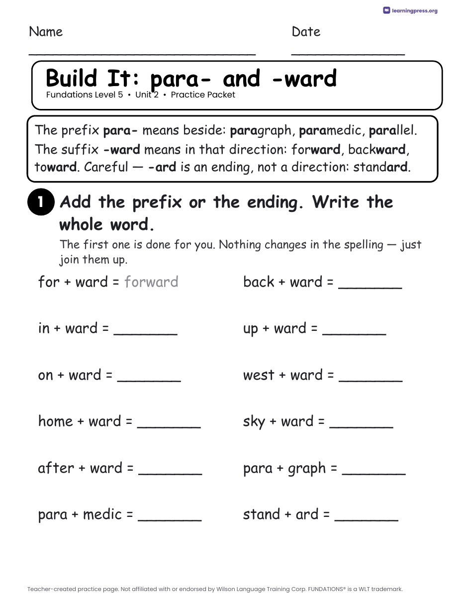 Preview page 2 of Fundations Level 5 Unit 2 Practice Packet