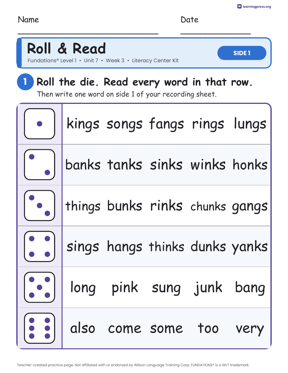 Preview page 1 of Fundations Level 1 Unit 7 Week 3 Literacy Center Kit