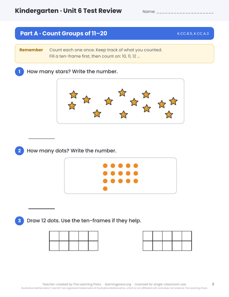 Preview page 1 of Illustrative Math (IM®) Aligned Kindergarten Unit 6 Test Review