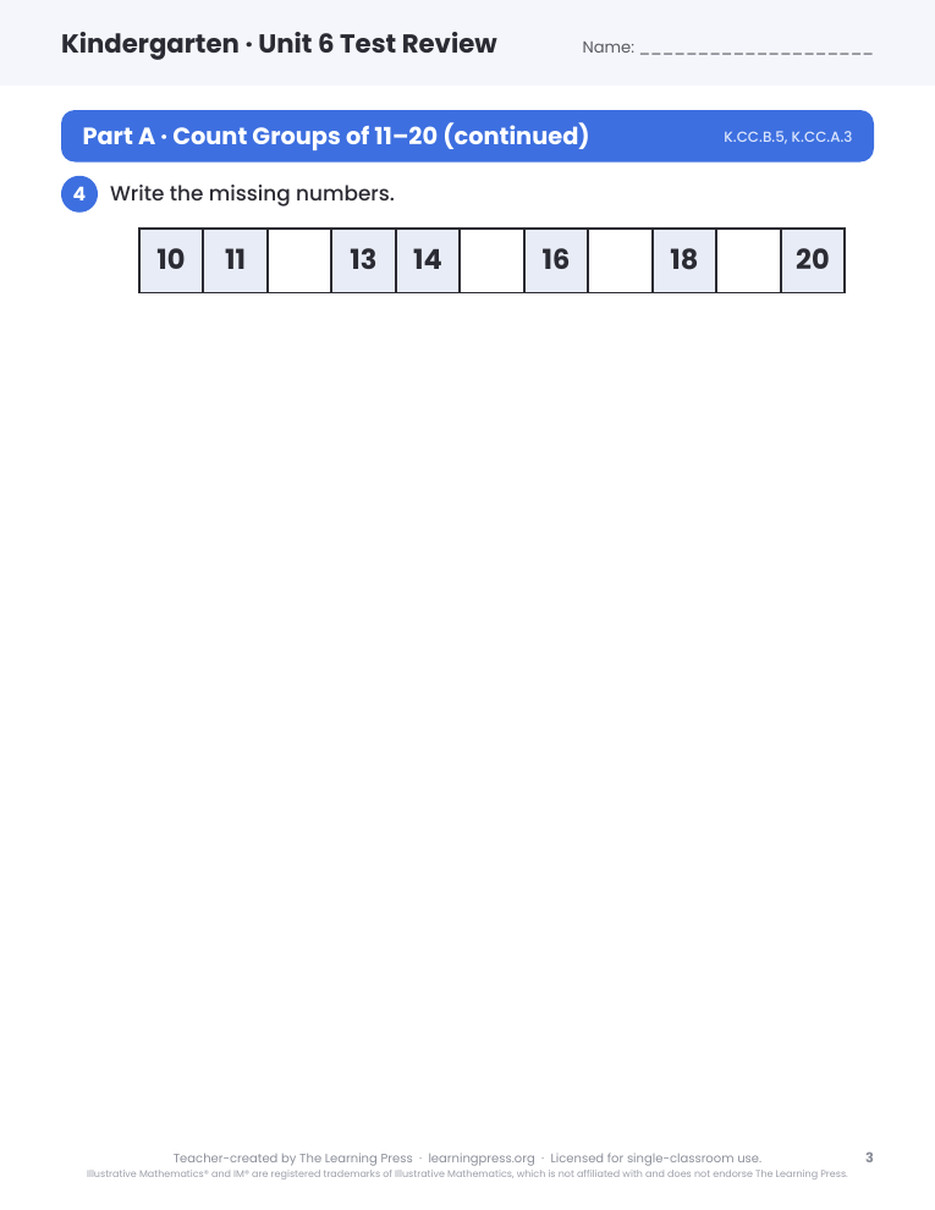 Preview page 2 of Illustrative Math (IM®) Aligned Kindergarten Unit 6 Test Review