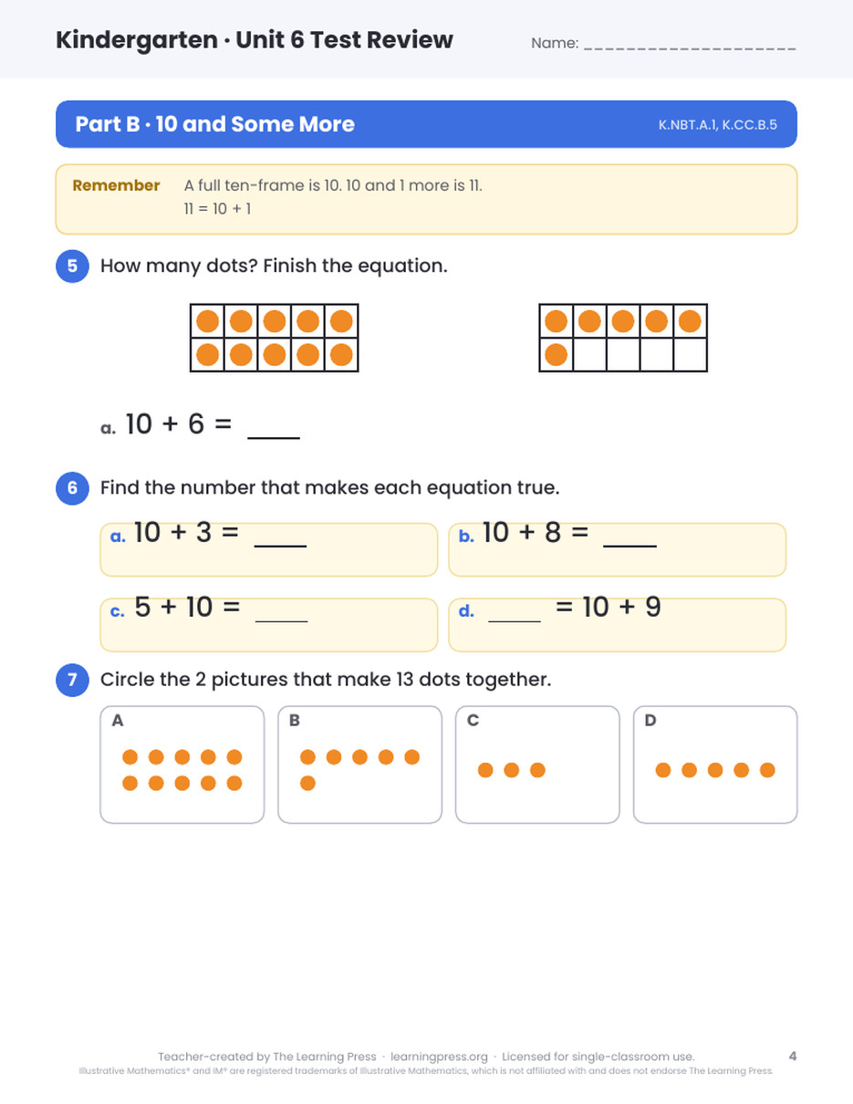 Preview page 3 of Illustrative Math (IM®) Aligned Kindergarten Unit 6 Test Review