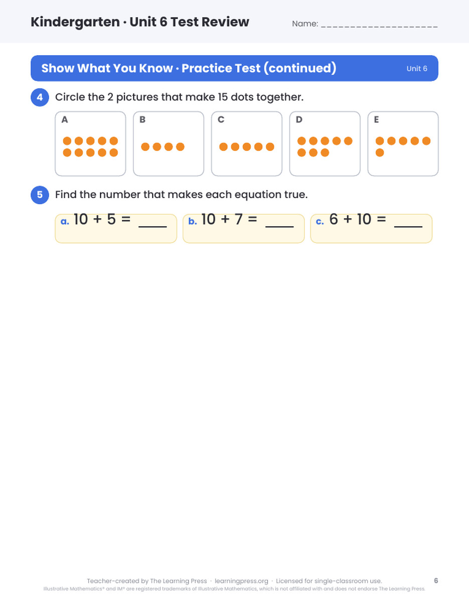 Preview page 4 of Illustrative Math (IM®) Aligned Kindergarten Unit 6 Test Review