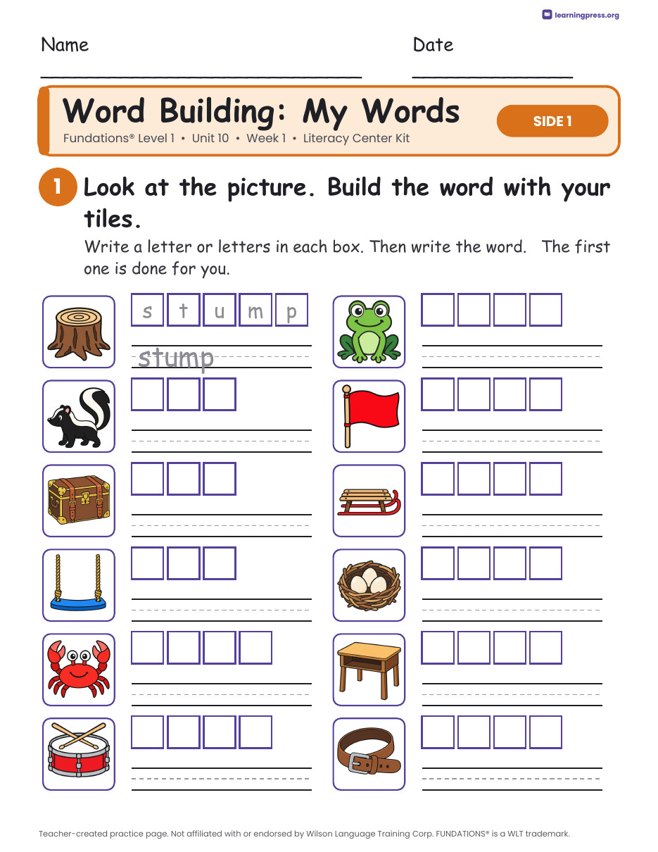 Preview page 2 of Fundations Level 1 Unit 10 Week 1 Literacy Center Kit