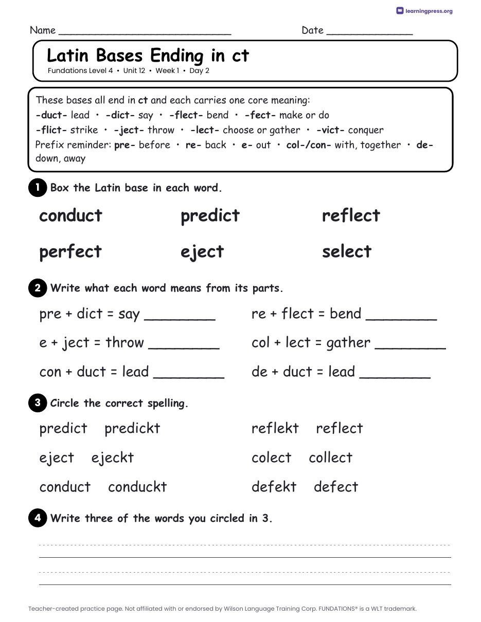 Preview page 1 of Fundations Level 4 Unit 12 Daily Lesson Work Pages