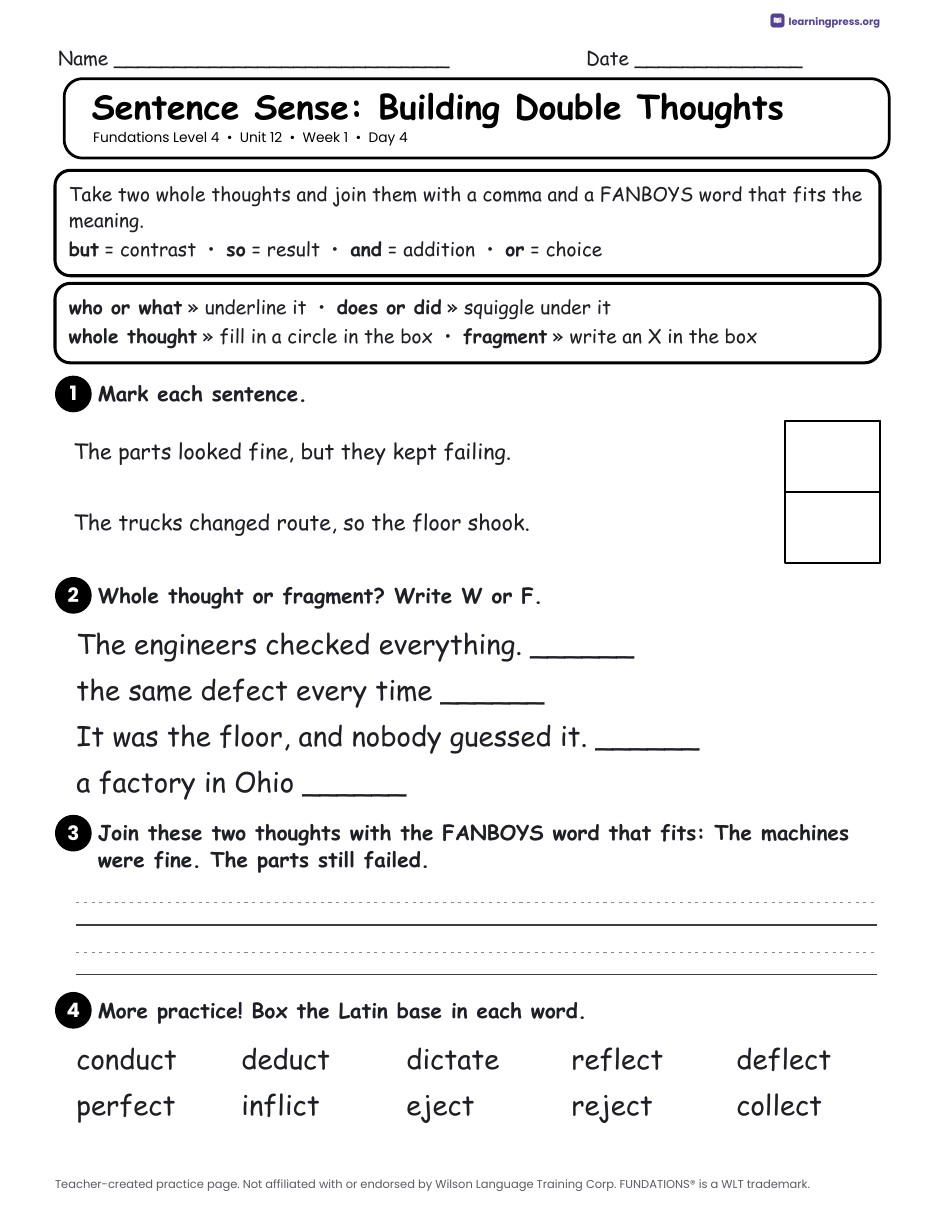 Preview page 2 of Fundations Level 4 Unit 12 Daily Lesson Work Pages