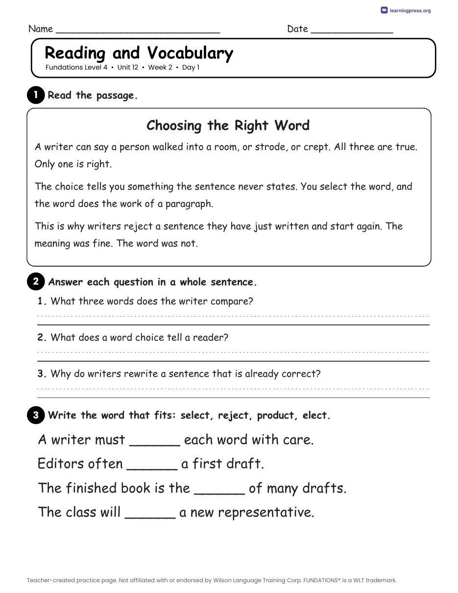 Preview page 3 of Fundations Level 4 Unit 12 Daily Lesson Work Pages
