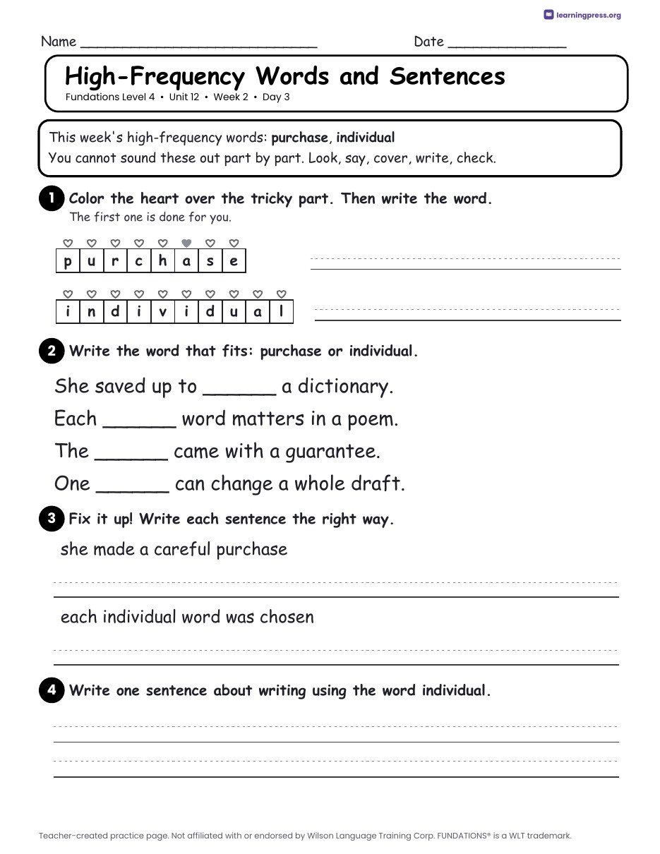 Preview page 4 of Fundations Level 4 Unit 12 Daily Lesson Work Pages