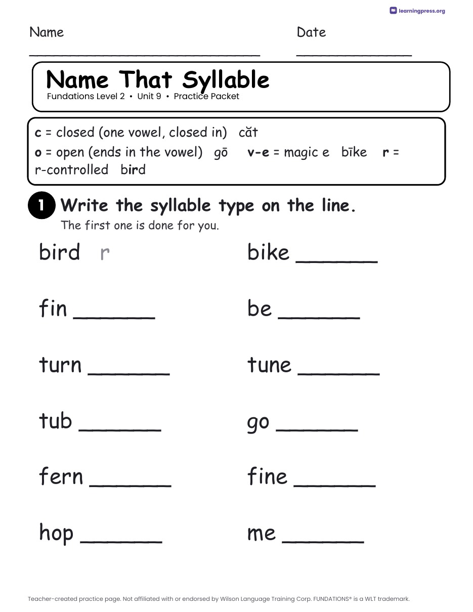 Preview page 2 of Fundations Level 2 Unit 9 Practice Packet