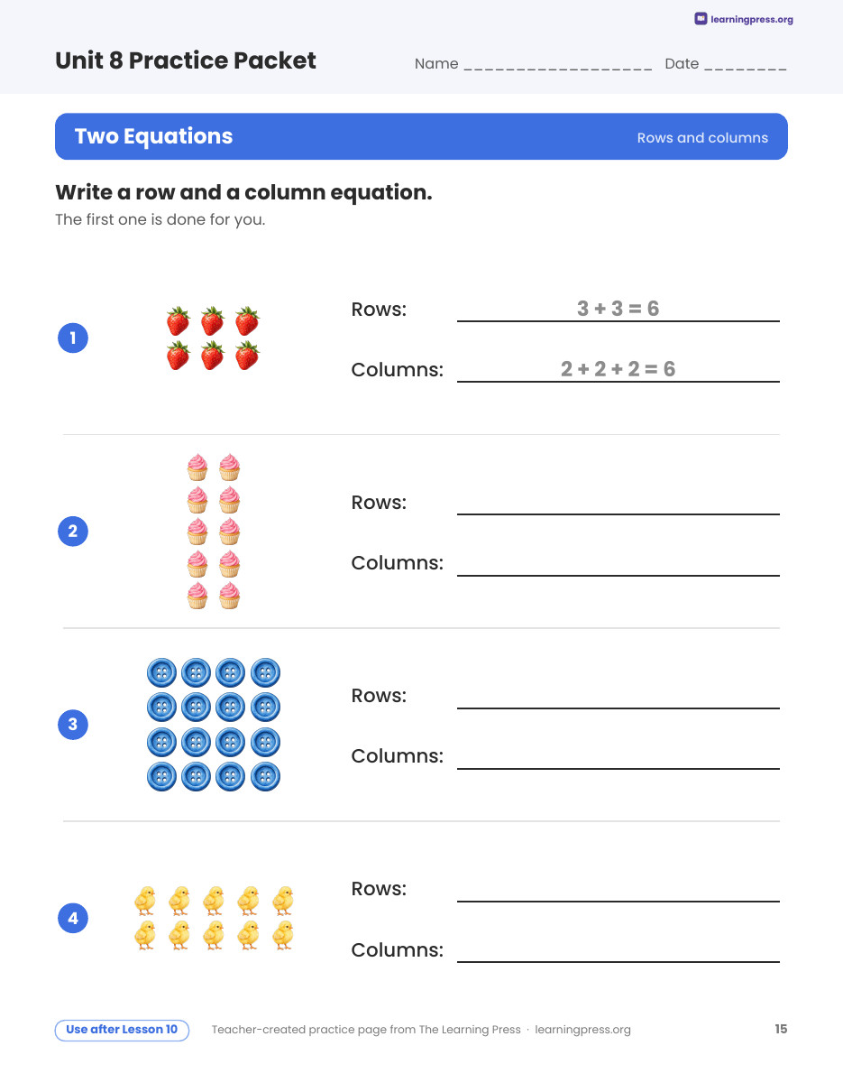 Preview page 3 of Illustrative Math (IM®) Aligned 2nd Grade Unit 8 Practice Packet (Color & B&W)