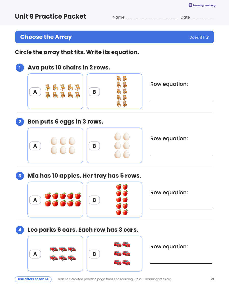 Preview page 4 of Illustrative Math (IM®) Aligned 2nd Grade Unit 8 Practice Packet (Color & B&W)