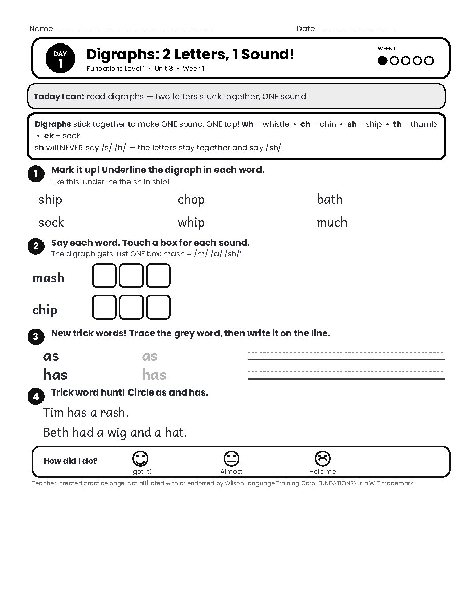 Preview page 2 of Fundations Level 1 Unit 3 Practice Pack