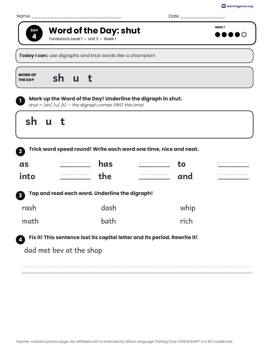 Preview page 2 of Fundations Level 1 Unit 3 Daily Lesson Work Pages