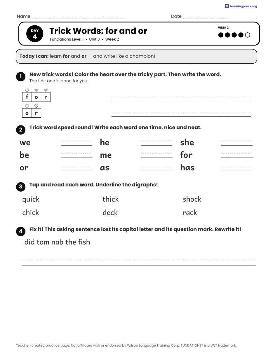 Preview page 4 of Fundations Level 1 Unit 3 Daily Lesson Work Pages