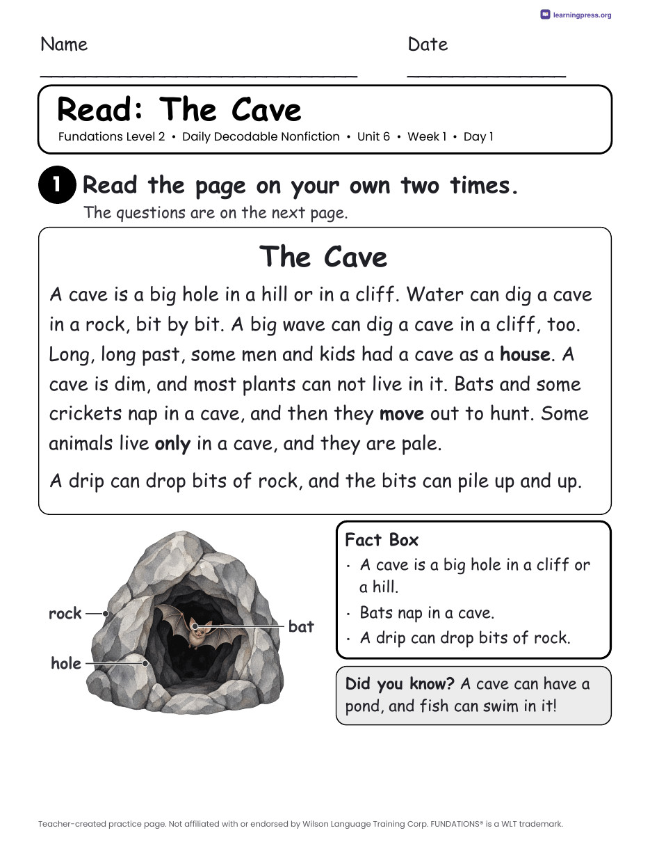 Preview page 1 of Fundations-Aligned Daily Decodable Nonfiction · Level 2 Unit 6