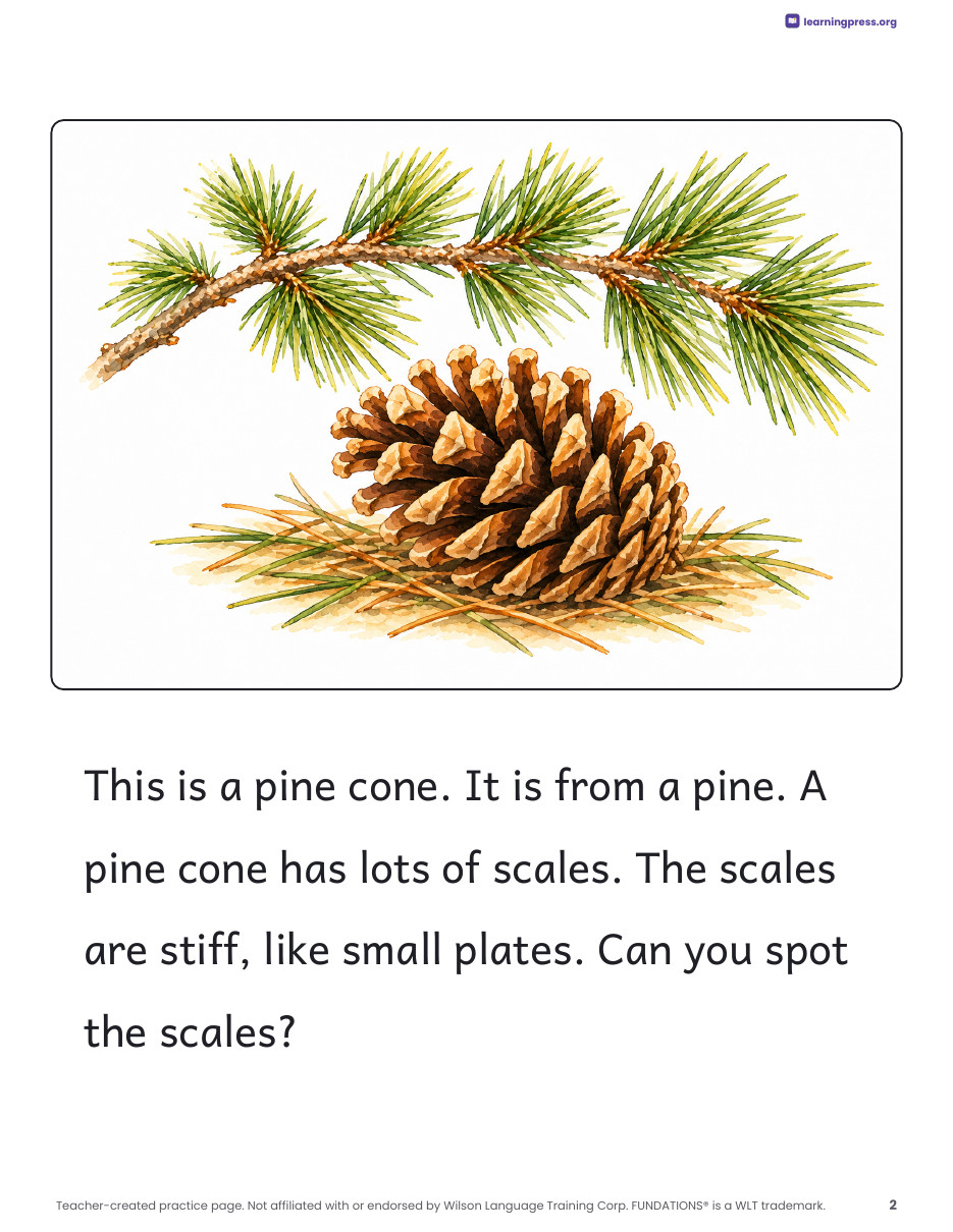Preview page 1 of Fundations®-Aligned Decodable Nonfiction Book · Level 1 Unit 11: Pine Cones