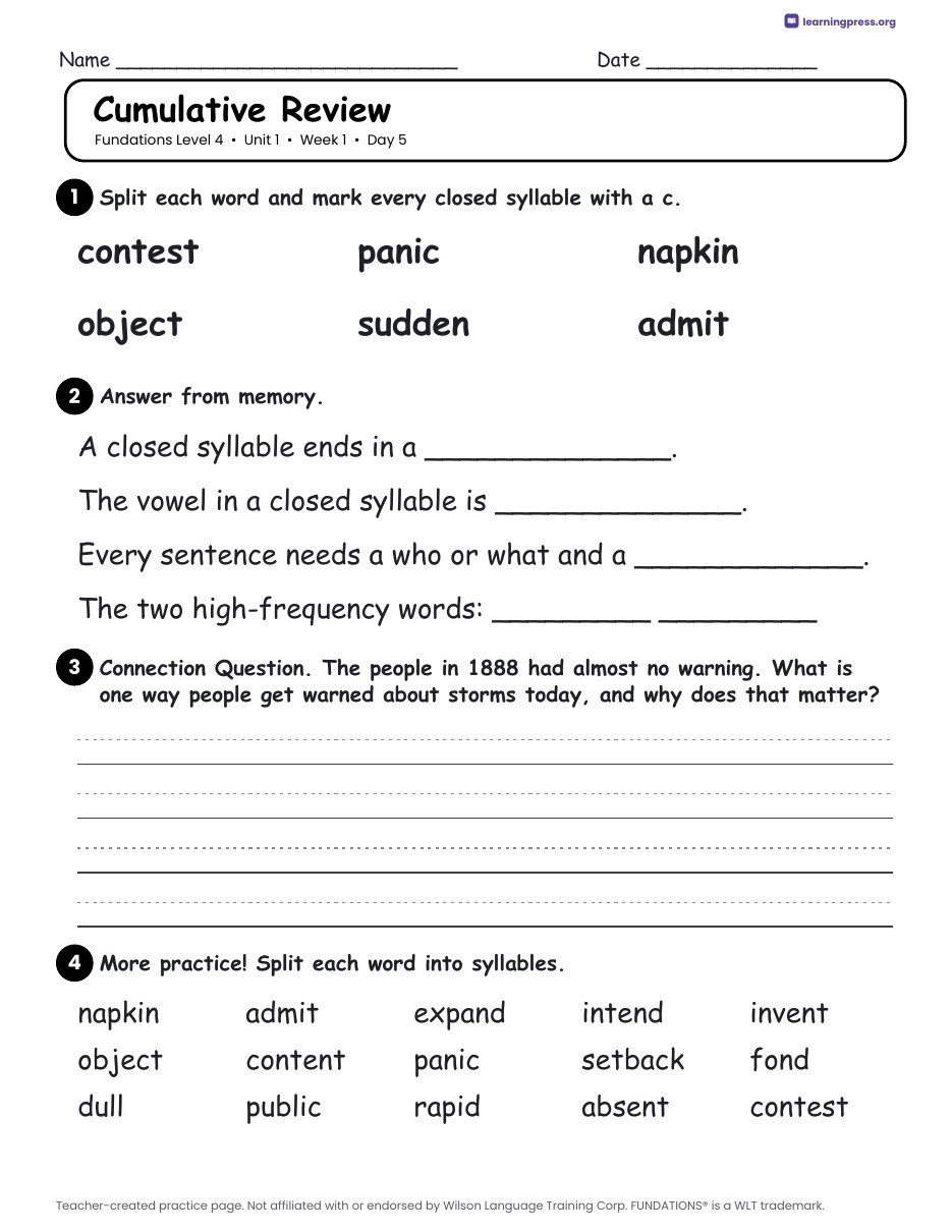 Preview page 1 of Fundations Level 4 — Complete Level Bundle (Units 1–15)