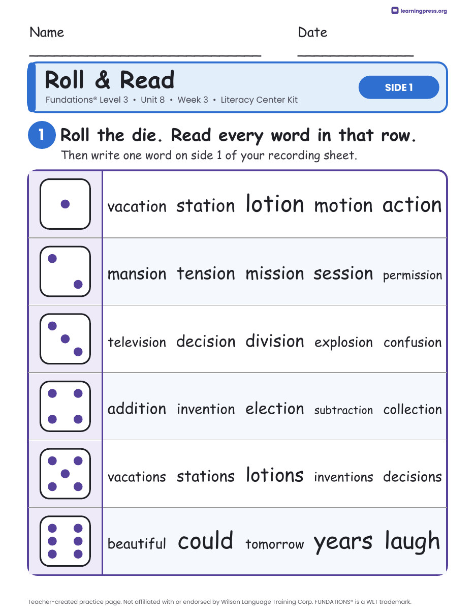Preview page 1 of Fundations Level 3 Unit 8 Week 3 Literacy Center Kit