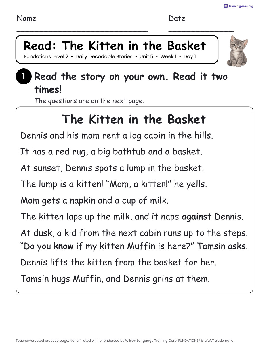 Preview page 1 of Fundations Level 2 Unit 5 Daily Decodable Stories
