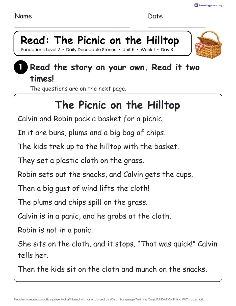 Preview page 2 of Fundations Level 2 Unit 5 Daily Decodable Stories