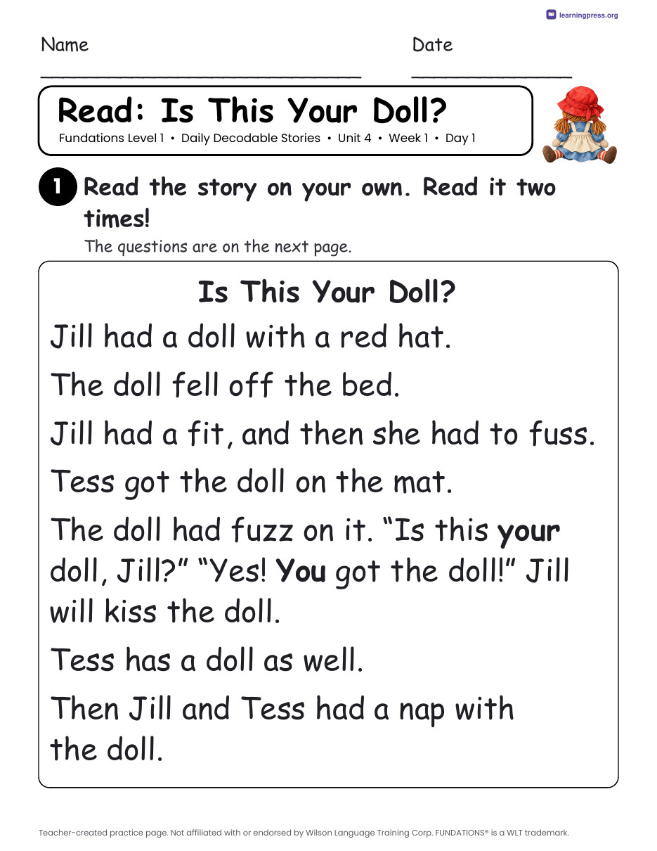 Preview page 1 of Fundations Level 1 Unit 4 Daily Decodable Stories