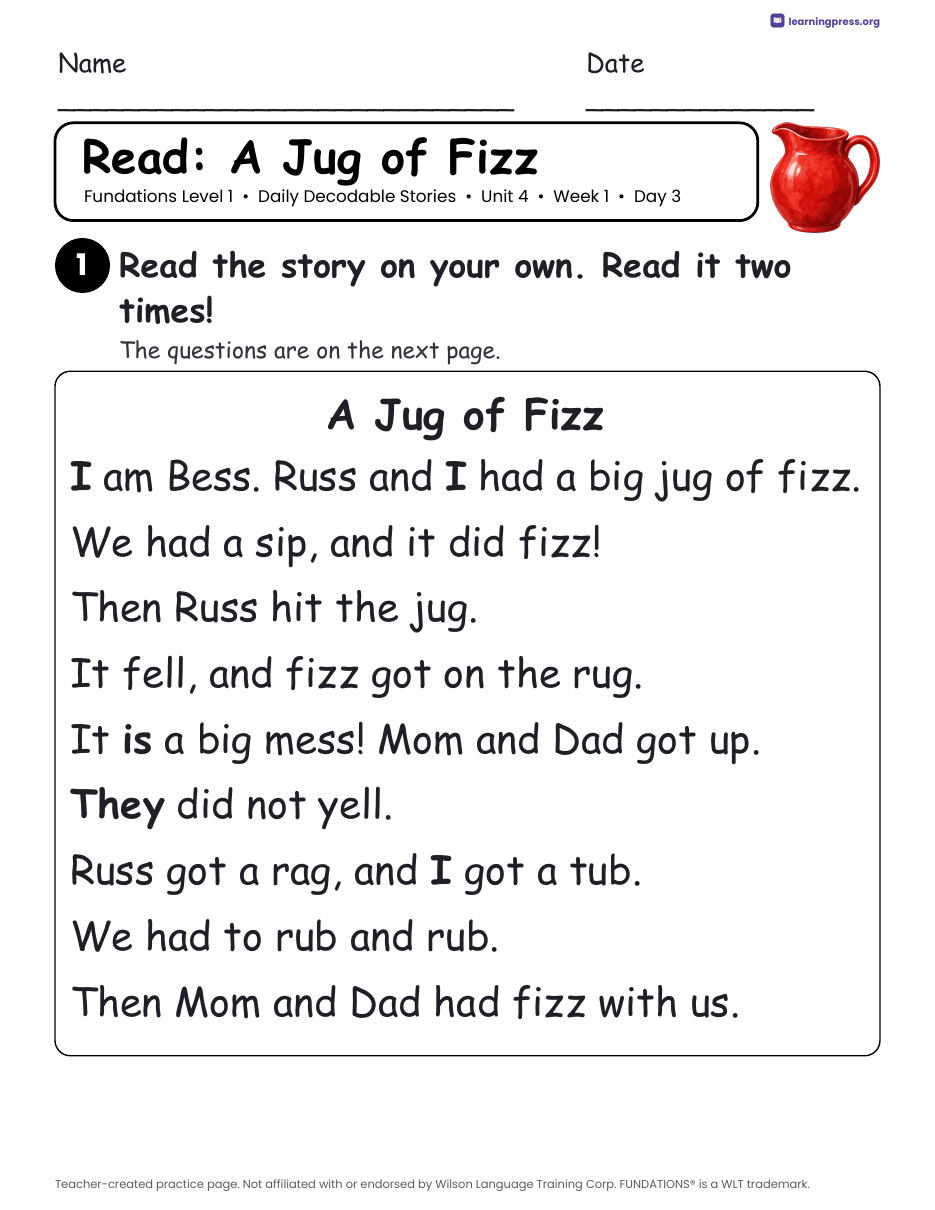 Preview page 2 of Fundations Level 1 Unit 4 Daily Decodable Stories