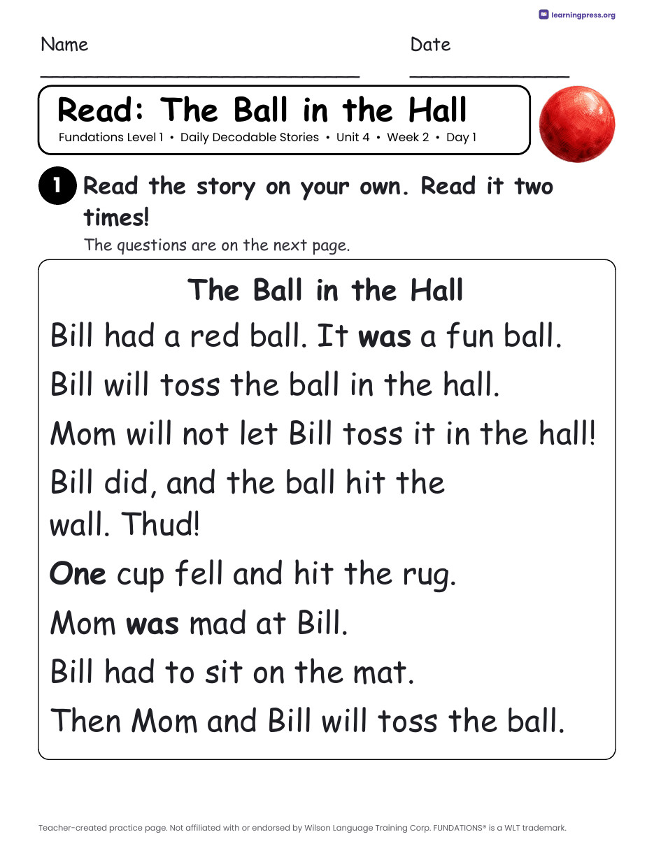 Preview page 3 of Fundations Level 1 Unit 4 Daily Decodable Stories