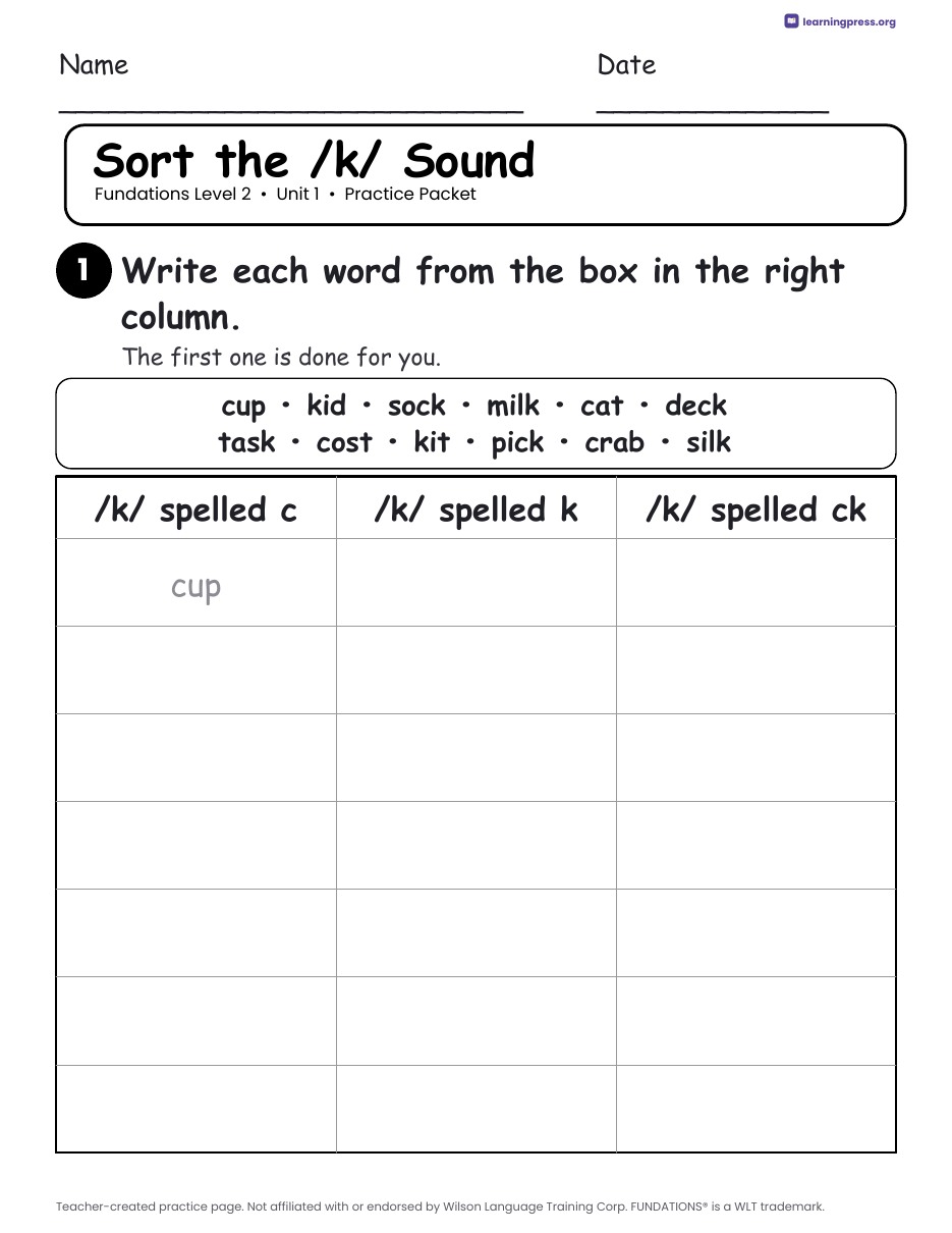 Preview page 2 of Fundations Level 2 Unit 1 Practice Packet