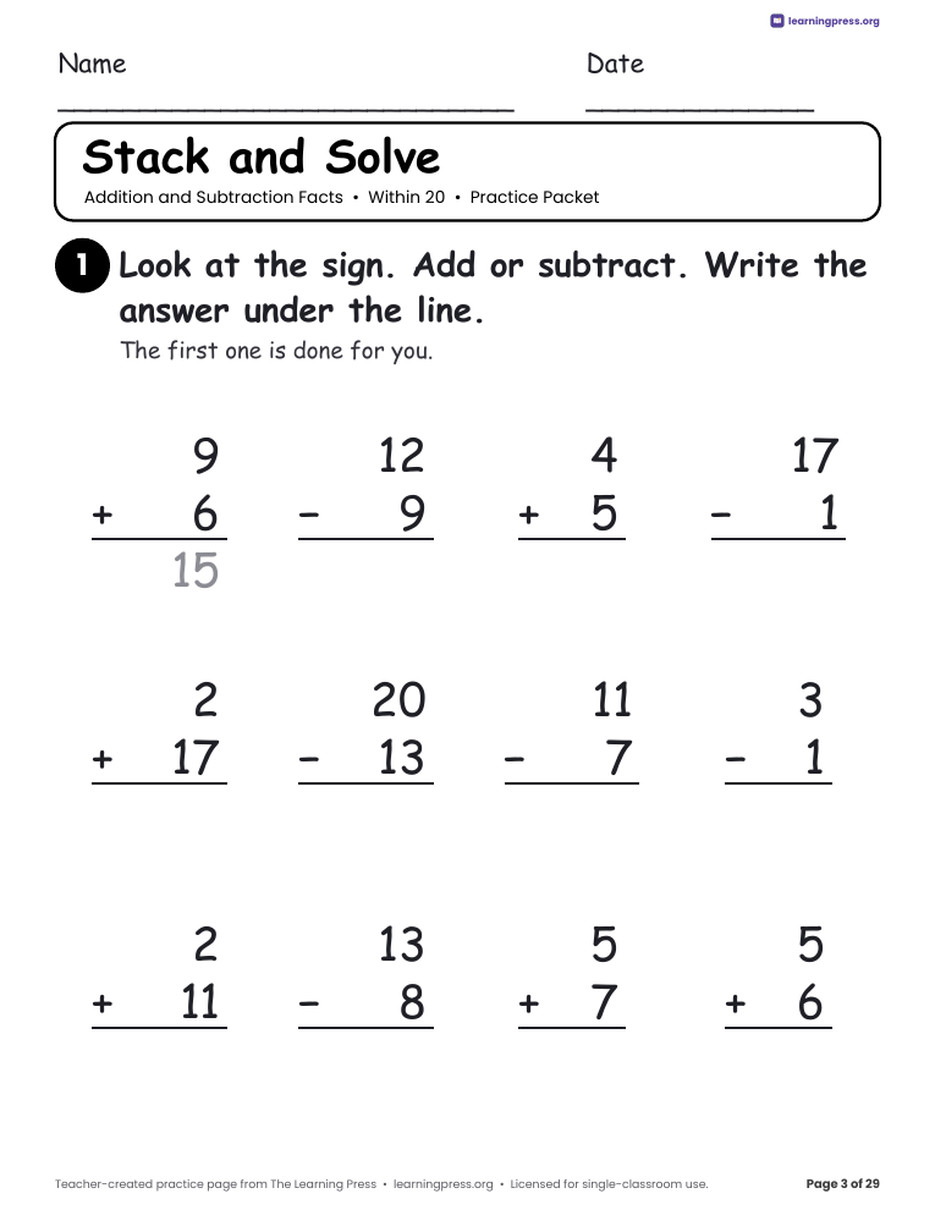 Preview page 3 of Addition and Subtraction Practice Packet · Within 20